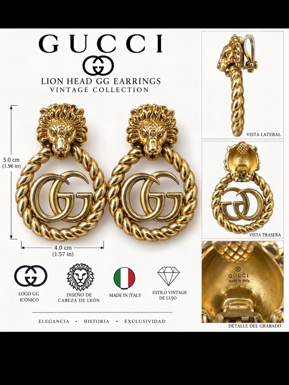 Gucci Gold Lion Head GG Drop Earrings